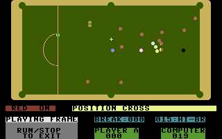 On Cue (Commodore 16, Plus/4) screenshot: Which ball next? (Snooker)