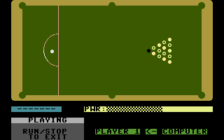On Cue (Commodore 16, Plus/4) screenshot: Setting up the shot (Pool)