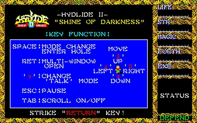 Hydlide II: Shine of Darkness (Sharp X1) screenshot: Controls