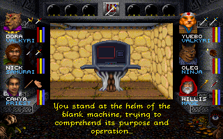 Wizardry: Crusaders of the Dark Savant (DOS) screenshot: The party encounters a computer! Since everything is described from their point of view, you get to see it with "medieval eyes"...