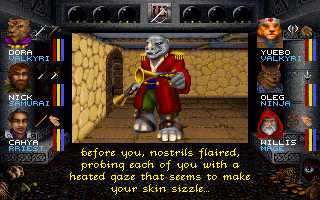 Wizardry: Crusaders of the Dark Savant (DOS) screenshot: This uniquely dressed high-ranked Umpani also has an impressive text description