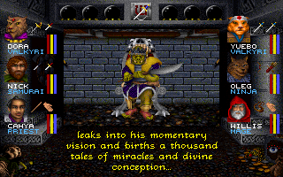 Wizardry: Crusaders of the Dark Savant (DOS) screenshot: This Gorn king just keeps spouting pseudo-philosophical nonsense... hilarious!