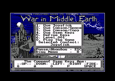 J.R.R. Tolkien's War in Middle Earth (Amstrad CPC) screenshot: Title screen and main menu