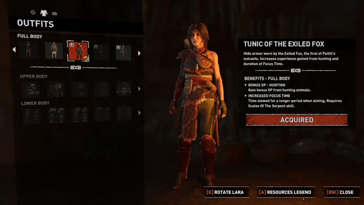 Shadow of the Tomb Raider: Season Pass (Windows) screenshot: Tunic of the Exiled Fox outfit equipped.