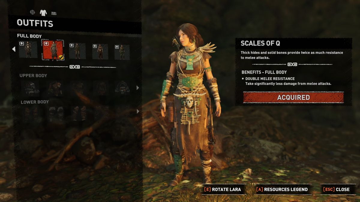 Shadow of the Tomb Raider: Fear Incarnate Gear (Windows) screenshot: Scales of Q outfit equipped.