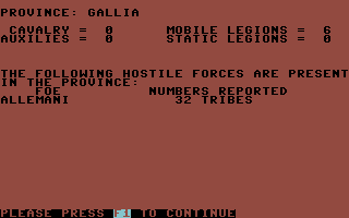 The Fall of Rome (Commodore 64) screenshot: Number of Barbarian tribes