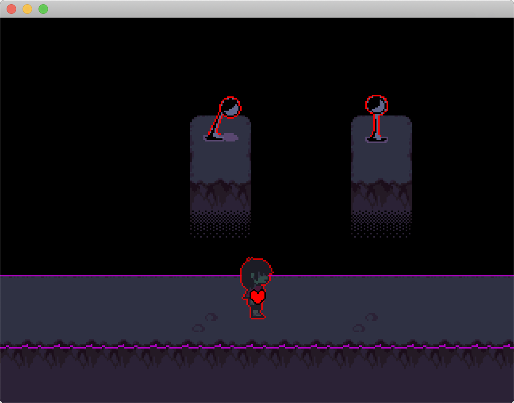 Deltarune: Chapter 1 (Macintosh) screenshot: These bits of scenery throw projectiles at Kris as they walk; the heart is their hitbox, just like in an Undertale battle.