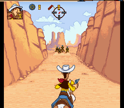 Lucky Luke (SNES) screenshot: Chasing Daltons in Canyon...