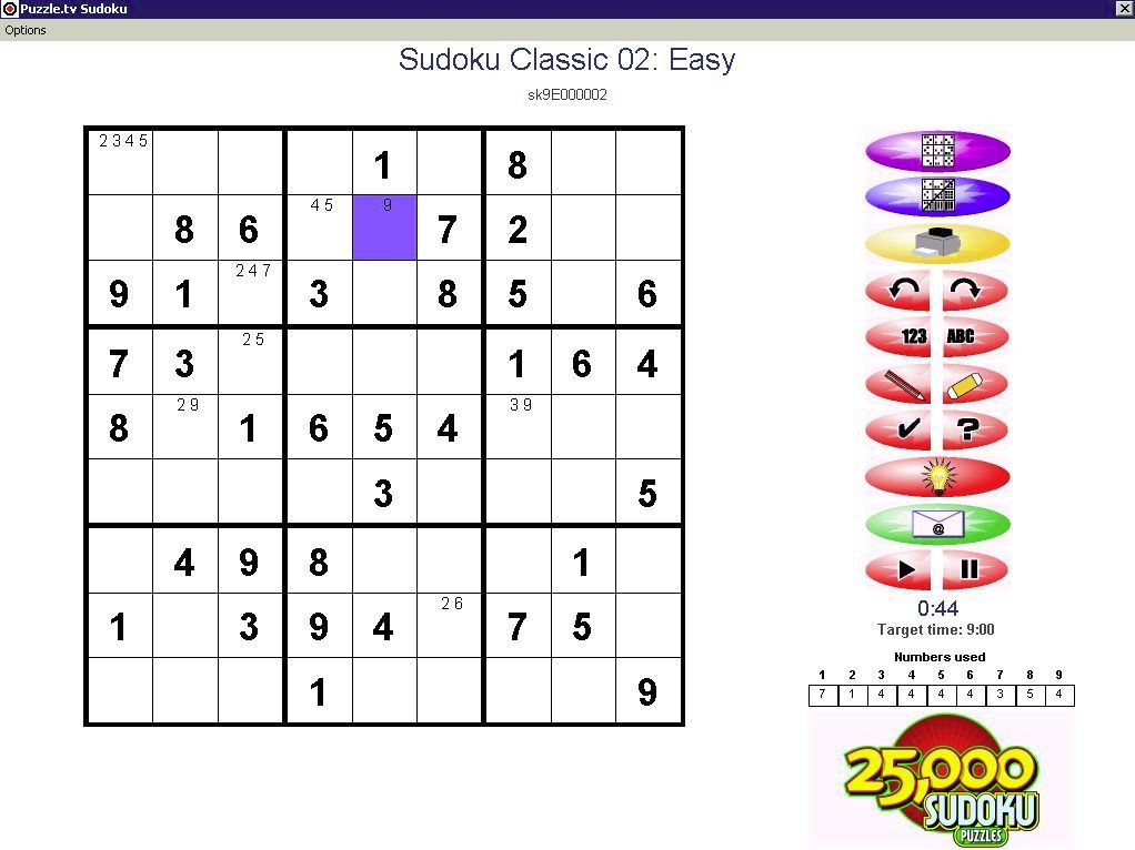 25,000 Sudoku Puzzles (Windows) screenshot: This is the second game. The game has a 'pencil' option so that, as in a paper game, the player can note which numbers can be placed in a given square