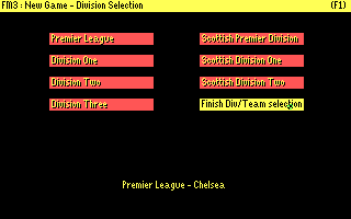 Football Manager 3 (DOS) screenshot: Selecting the team from the leagues (CGA)