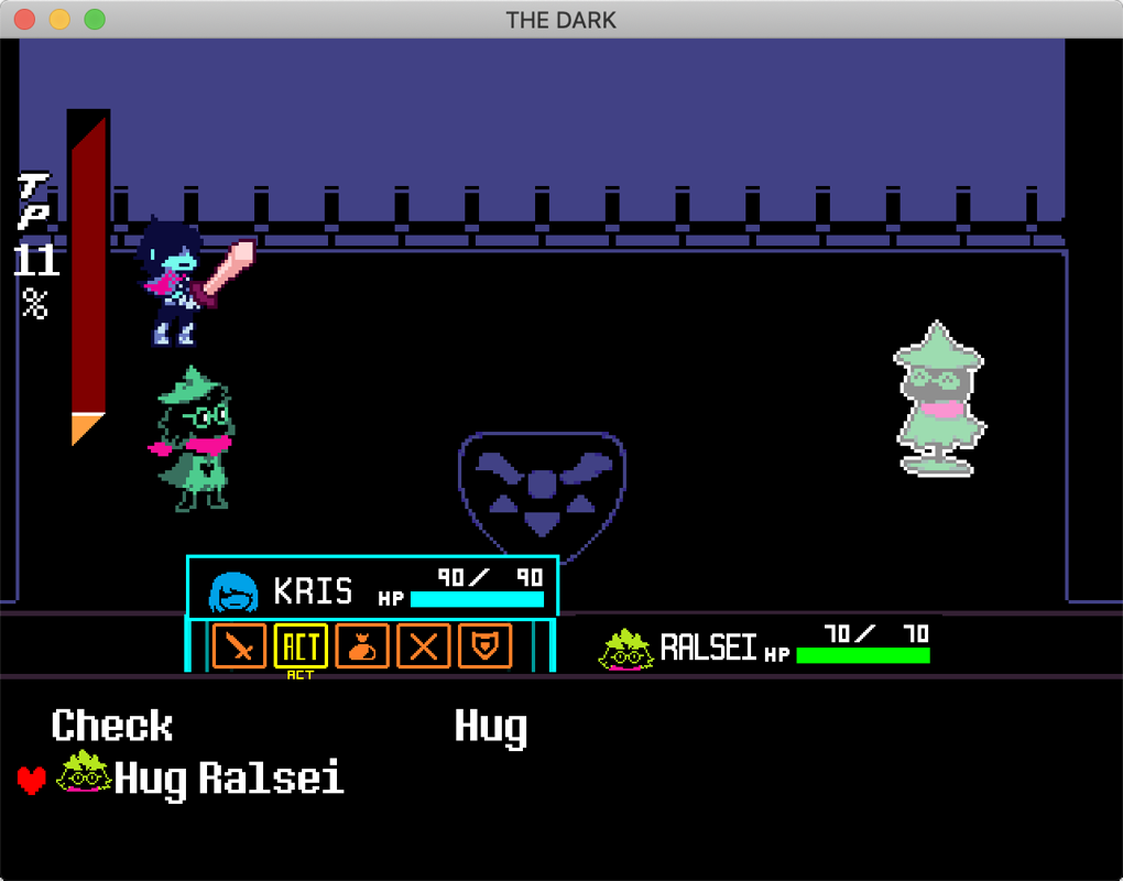 Deltarune: Chapter 1 (Macintosh) screenshot: Some actions can involve more than one character. Here, hugging Ralsei uses a turn for both Kris and Ralsei.