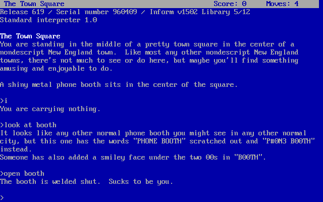 Pick up the Phone Booth and Die (DOS) screenshot: These are clearly the first two things any sane adventurer would try...