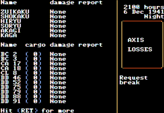 Carriers at War 1941-1945: Fleet Carrier Operations in the Pacific (Apple II) screenshot: Evaluating Ship Damage