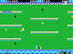 Flicky (SG-1000) screenshot: The gameplay. I found the placement of the platforms a little off.