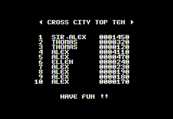 Cross City (Apple II) screenshot: High Scores