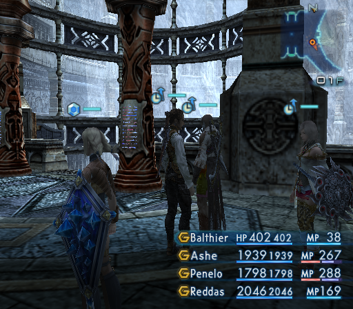 Final Fantasy XII (PlayStation 2) screenshot: One of the higher-level dungeons. Note the cool equipment visible on the characters. Also note we have four people in the party now