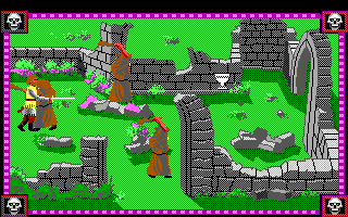 Conquests of Camelot: The Search for the Grail (DOS) screenshot: There are some action sequences in the game! You fight evil monks in those ruins