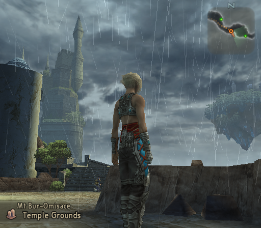 Final Fantasy XII (PlayStation 2) screenshot: It's raining over the temple of Bur-Omisace. Spectacular view!