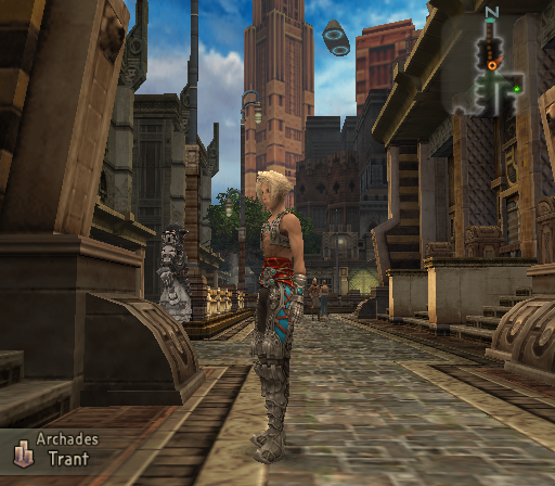 Final Fantasy XII (PlayStation 2) screenshot: One of the central districts of the game's biggest city. Cool tall buildings are ahead