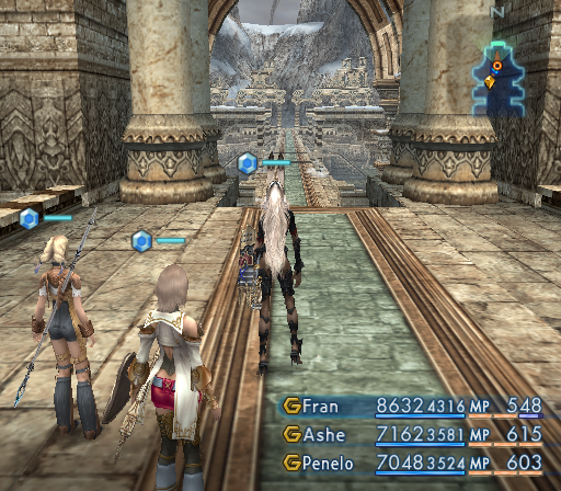 Final Fantasy XII (PlayStation 2) screenshot: A mysterious shrine with a partial view of the outside world. My all-girl party is well-prepared with beneficial status effects