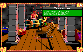 Conquests of Camelot: The Search for the Grail (DOS) screenshot: A suspiciously homoerotic treasurer rebuffs your attempts at innocent expressions of affection! In other words, you try to kiss him, but he swears at you in a colorful way!