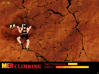 MER Adventure Climbing (DOS) screenshot: The climber pulls himself up onto the shelf