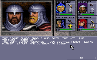 Eye of the Beholder II: The Legend of Darkmoon (DOS) screenshot: Two stupid guards assault me. I'll teach you better grammar, you, you... facial hair-bearing somewhat multi-ethnic people with dubious headgear!