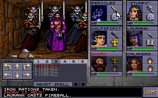 Eye of the Beholder II: The Legend of Darkmoon (DOS) screenshot: The Catacombs is the first real hardcore dungeon in the game - and it's also probably the longest one. Here, fearsome warriors attack my colorful, full party of six!
