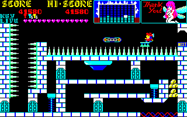 The Castle (Sharp X1) screenshot: Floating platform, conveyor belt and lots of spikes