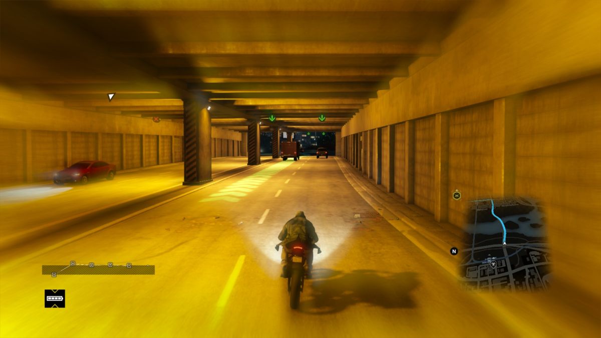 Watch_Dogs (PlayStation 4) screenshot: Driving a bike at high speed.