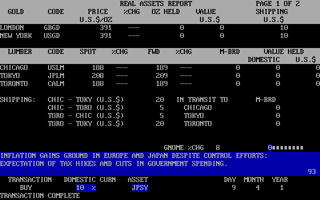 Money Bags: Beat the Gnome of Zurich (DOS) screenshot: Real assets report.