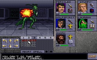 Eye of the Beholder II: The Legend of Darkmoon (DOS) screenshot: This lizard has no chance! Watch how my well-disguised mage casts fireballs on him!
