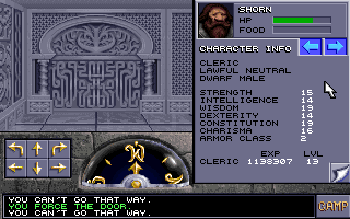 Eye of the Beholder II: The Legend of Darkmoon (DOS) screenshot: Nice detail in this tower! I'm so impressed that I open one of my character's attribute sheet