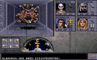 Eye of the Beholder II: The Legend of Darkmoon (DOS) screenshot: Oh my!! This is the titular BEHOLDER! This very tough monster appears when you least expect it - and look, my leader is already dead!..