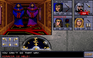 Eye of the Beholder II: The Legend of Darkmoon (DOS) screenshot: The Crimson Tower is the game's final main area. And man, you'd better come prepared. Those magicians mean business!..