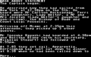 Murder off Miami (Commodore 64) screenshot: A statement from the captain of the vessel.