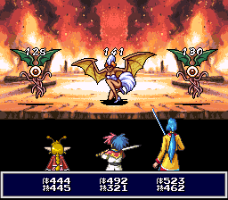 Tengai Makyō Zero (SNES) screenshot: Fire all around in this battle...