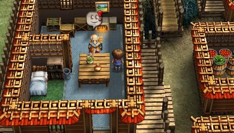 The Legend of Heroes: A Tear of Vermillion (PSP) screenshot: Elder of Ourt Village – a quest NPC, he has a red exclamation mark near the dialog icon.