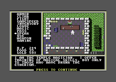 The Legend of Blacksilver (Commodore 64) screenshot: In one of the temples, talking to a magician