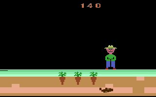 Gopher (Atari 2600) screenshot: The gopher is tunneling his way to the carrots...
