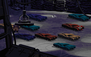Full Throttle (DOS) screenshot: A rather simple puzzle: how can you make this dog stay in one place?..