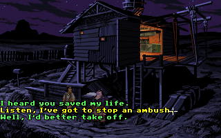 Full Throttle (DOS) screenshot: Talking to a reporter outside of Maureen's house. Note the cozy night atmosphere...
