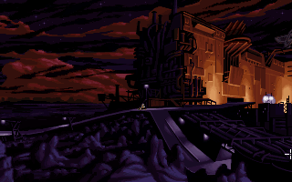 Full Throttle (DOS) screenshot: Finally, you reach the ominous building that happens to be Corley Motors Headquarters