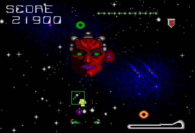 Mad Bodies (Jaguar) screenshot: Level 5 - The first boss of the game; a disembodied crimson head