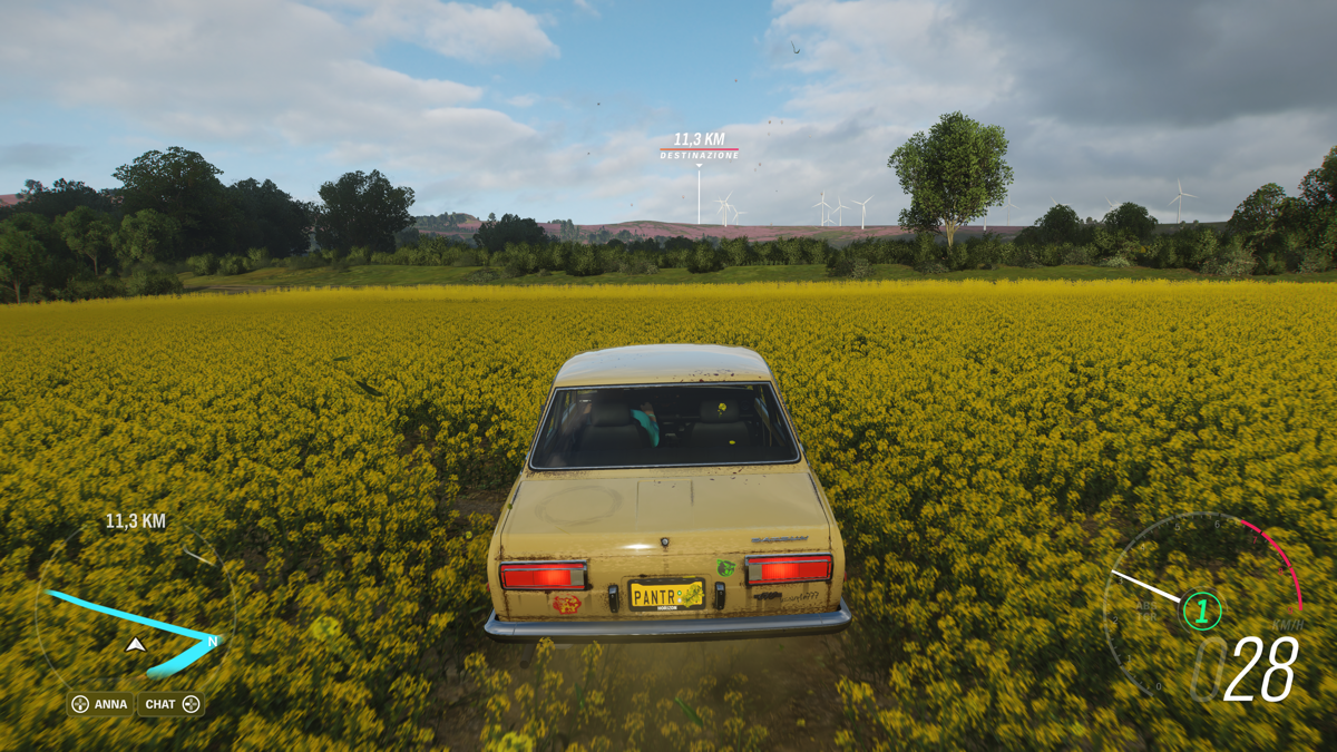Forza Horizon 4 (Windows Apps) screenshot: Datsun 510 1970 chase view, Summer season on mimosa field