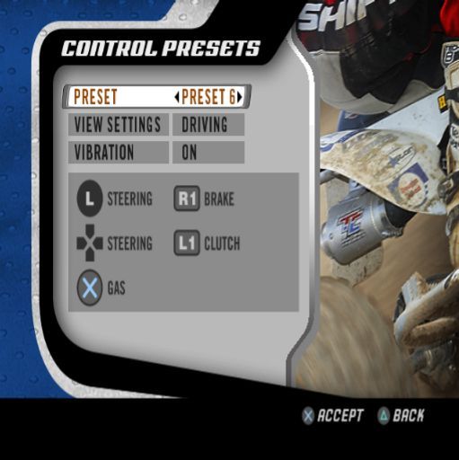 MX vs. ATV Unleashed (PlayStation 2) screenshot: There are six preset controller configurations, each with controls for driving ( shown here), camera control, and stunt control