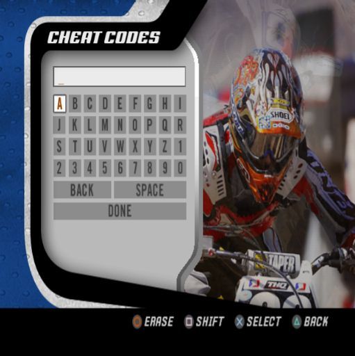 MX vs. ATV Unleashed (PlayStation 2) screenshot: This game provides a menu so that players can enter cheat codes. Very thoughtful.