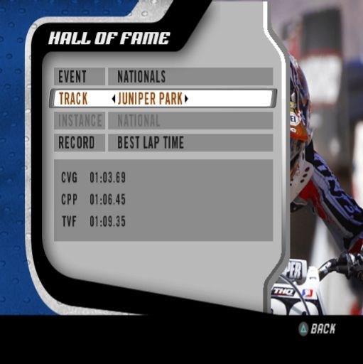 MX vs. ATV Unleashed (PlayStation 2) screenshot: The game's Hall Of Fame. There are multiple events, tracks and records saved here