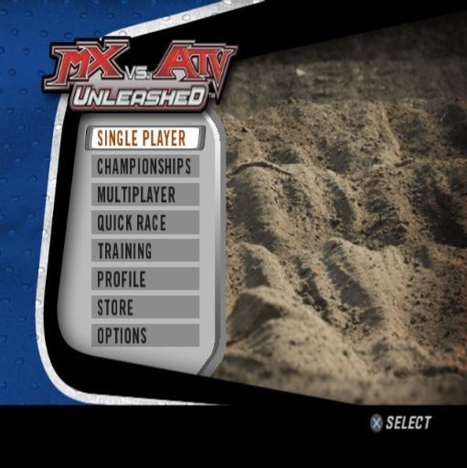 MX vs. ATV Unleashed (PlayStation 2) screenshot: The game's main menu. A lot of game screens are like this, options on the left and a changeable picture to the right