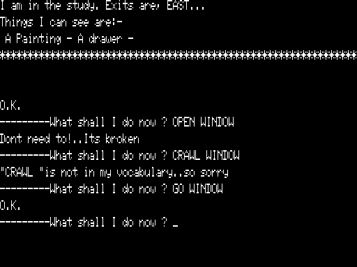 The Time Machine (TRS-80) screenshot: A Bit of Vandalism Gets me Inside the House